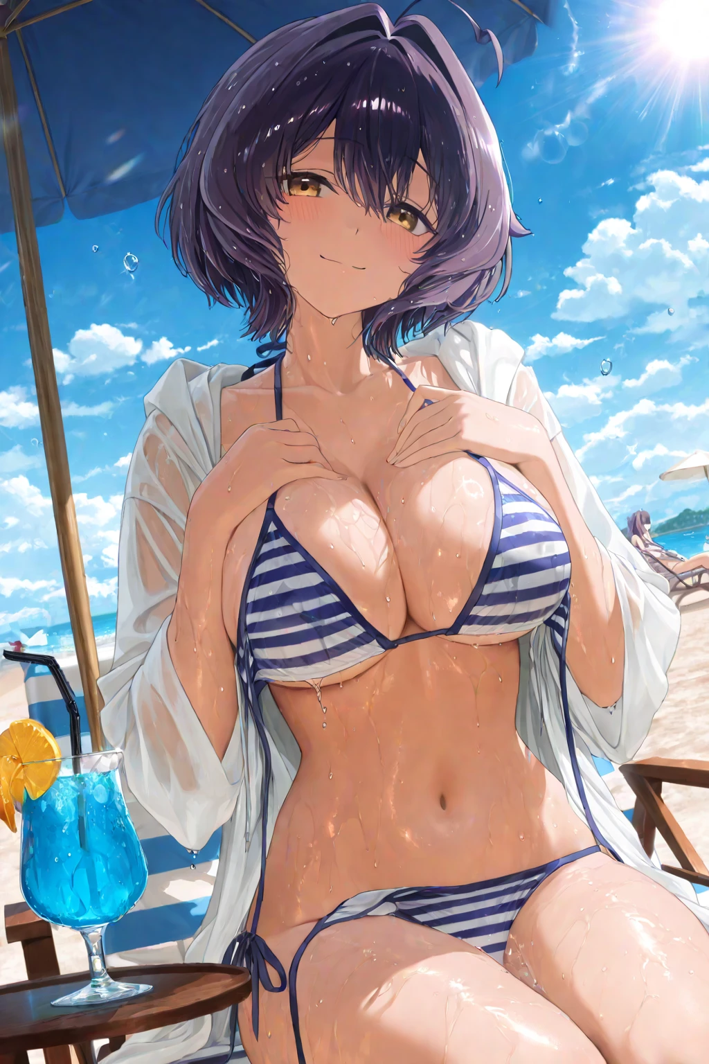 1girl, bangs, blue hair, multicolored hair, necklace, parted lips, purple eyes, short hair, smile, solo, two piece purple swimsuit, sandy pier background, kneeling