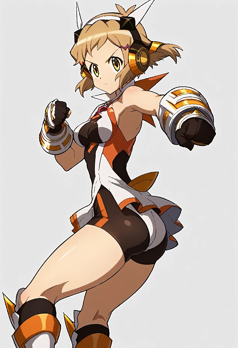 masterpiece, best quality, cowboy shot, looking at viewer, grin, hibiki tachibana, short hair, hair ornament, headgear, headphones, scarf, armor, bodysuit, clothing cutout, elbow gloves, gauntlets, navel cutout, shorts, armored boots, hands on hips, outdoors, mountain, full body