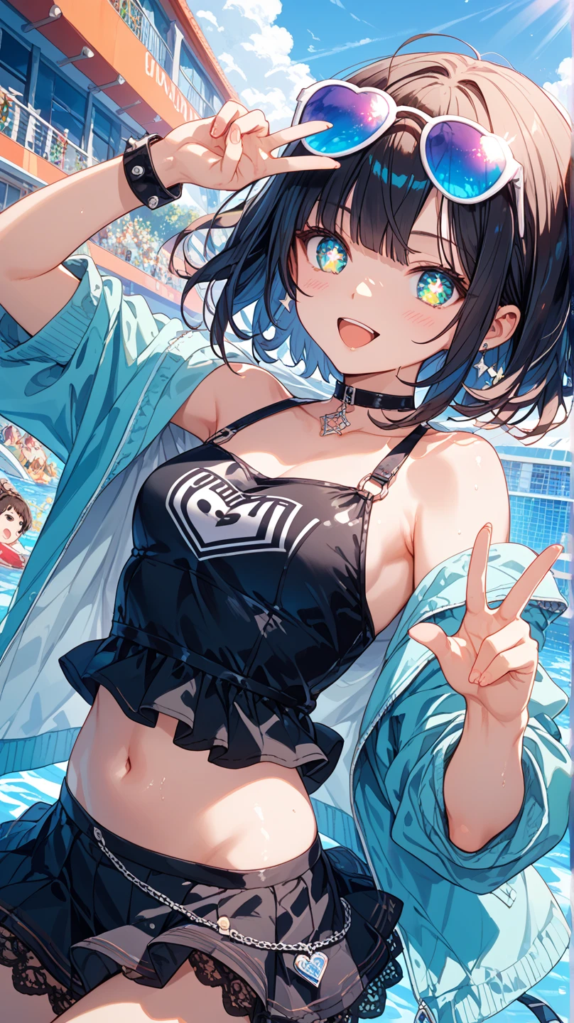 (Incredibly ridiculous absolute resolution:1.5)、hiquality、top-quality、masuter piece、Anime girl in white-green bikini, A sexy、Smiling:1.3、Shy laughter、Anime Loli, 8k Manga Wallpapers, ((small curvy loli))、  pretty anime girl,((swimming pools))、(medium short hair)、(short braided hair)