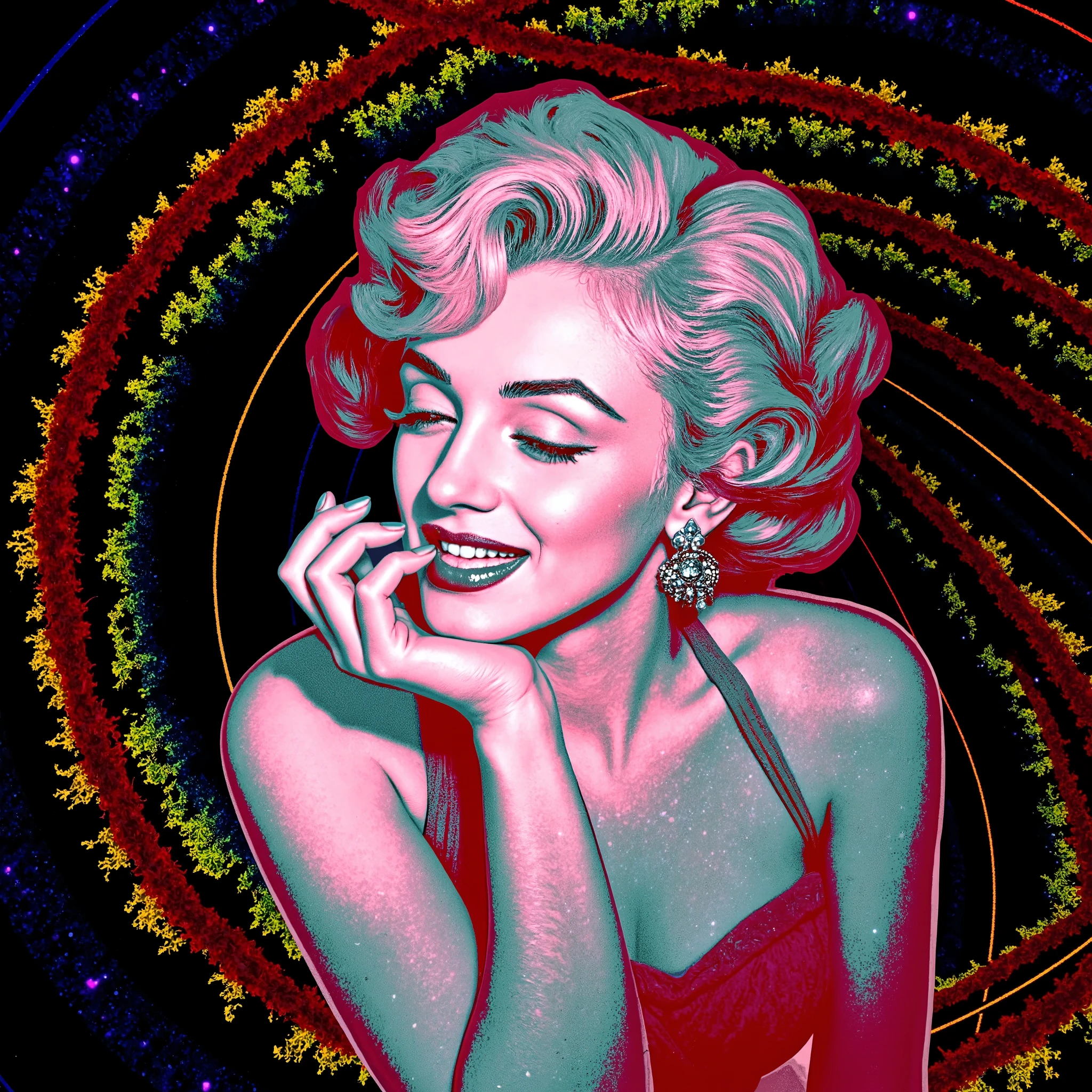 Marilyn Monroe is depicted in a stylized pop-art rendition, characterized by vivid, high-contrast colors that emphasize a sense of modernity and surrealism. Her shoulder-length wavy hair, styled meticulously, suggests a classic look reminiscent of mid-20th-century fashion. She is wearing an off-shoulder dress with a halter neck, revealing part of her upper chest and shoulders, adding a touch of elegance and allure. The entire image is set against a vibrant spiral-esque background composed of alternating concentric rings of green, blue, and red, creating a hypnotic or psychedelic effect. The lighting and shading within the image enhance the contours and volume of the subject, contributing to a sense of depth and dimensionality. The overall mood is enigmatic and artistic, drawing the viewer into a space where vintage glamor meets modern artistic expression.