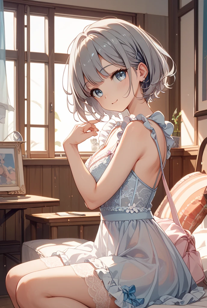 masterpiece, Highest quality, High resolution, Very detailed,(((beautiful girl))), (((White lingerie))), Evening indoors, Zoom in, window, Elementary school girl