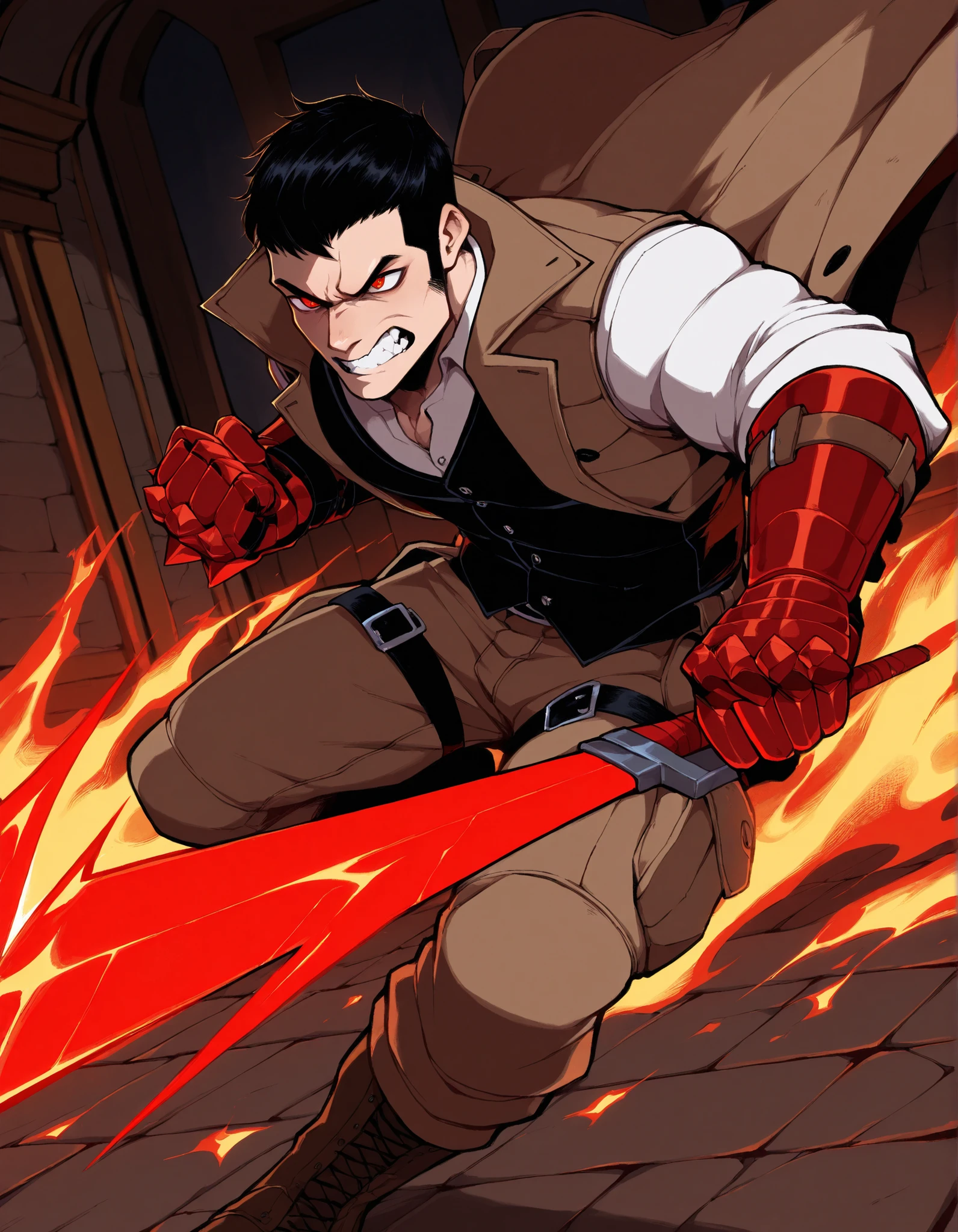 ((アニメ)),((detailded))A half demon of d&d,magical,,cape and red campus,rogue outfit,an iron bracelet with a mouth at the bottom,two daggers attached to the waist,a spear hanging from the back,a scythe at the waist,a crowbar stuck in the leg,a black covered book with chains and a padlock,the book is in the right hand