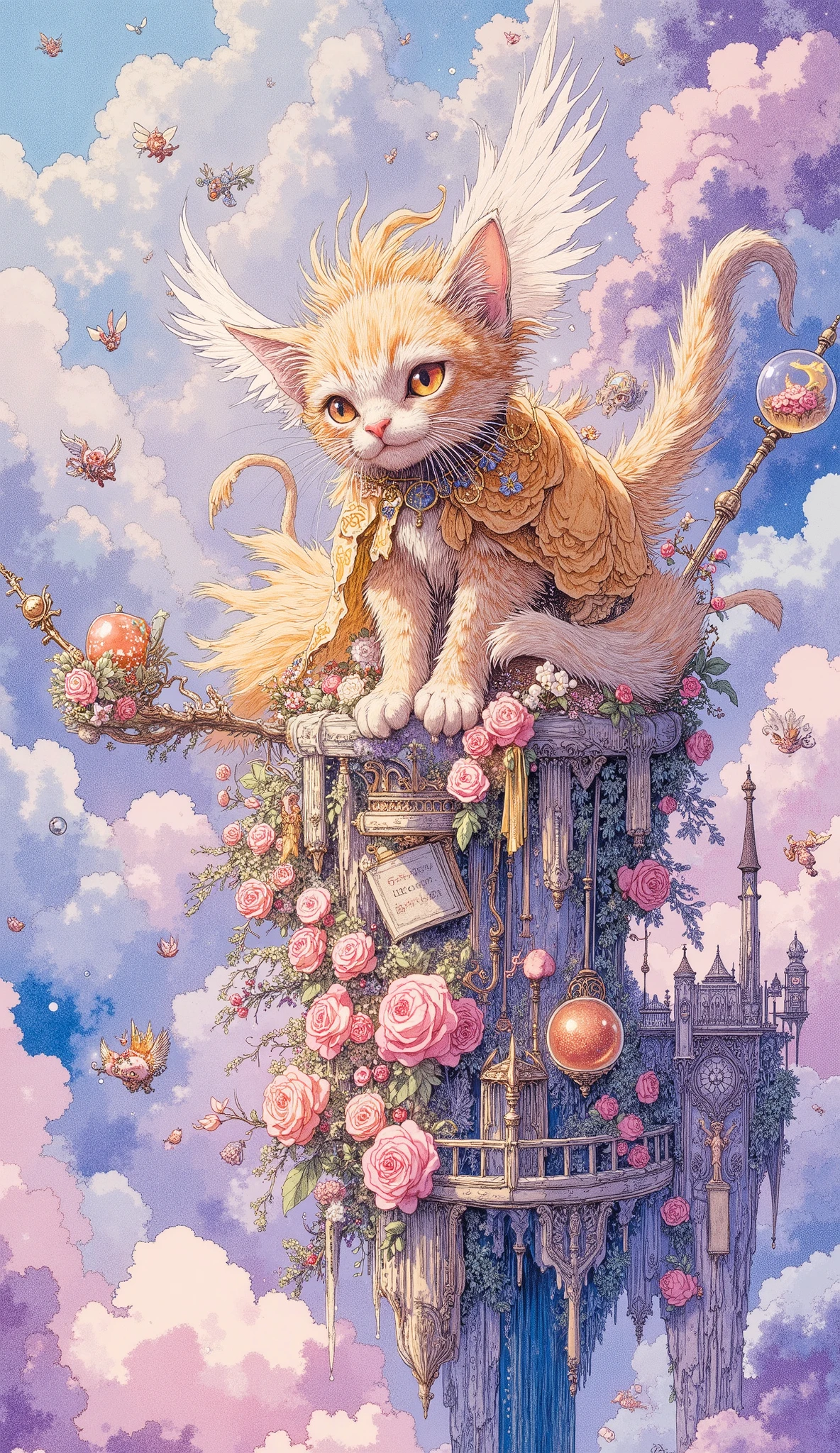 Scene: High in the sky, among fluffy pink and blue clouds, the huge building of the Residence of the Ruler of the World is floating — an airy castle made of crystal, mother-of-pearl and fresh flowers. Its towers shimmer with iridescent radiance, and the bridges between them are woven from the sun's rays. Young fairies and elves run around, leaving behind sparkling plumes of pollen and sparks. Main elements: The central figure: a majestic cat, the Ruler of the World with silk-like fur, soars up rapidly, scattering clouds of stardust behind him. His fur flutters like a living flame, and in his hands he holds a magic staff, from which curls of glowing runes escape. Background: An endless sky in shades of lavender and gold, through which fantastic dragons, shining phoenix birds and miniature airships fly from the clouds. Details: Books and scrolls that do not fall, but dance in the air, turning the pages. Transparent balls with whole mini-worlds inside. Sparkling spell marks forming into flying patterns. Style: Light, airy, weightless. Bright pastel colors with accents of gold and silver. Dynamic lines that create a feeling of flight and movement.