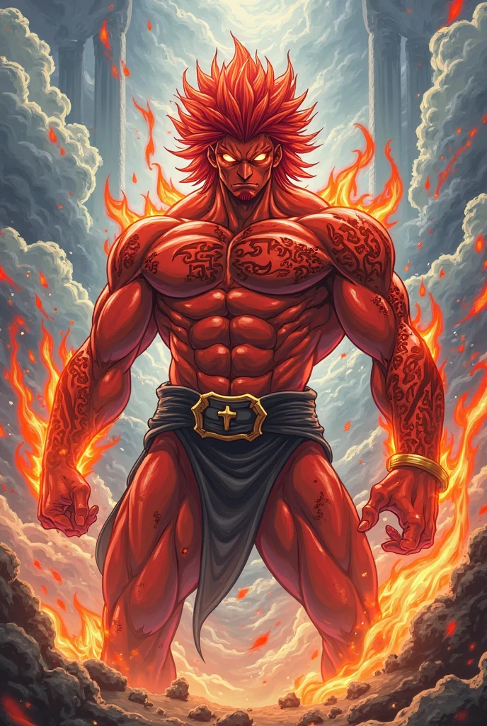 （Three heads and six arms），Angry and powerful warrior，Tiger leather skirt at the waist，Hair stands upside down like fire，The sky behind him was covered in flames，Light，the fire，It adds movement and fluidity to the picture。Use Midjourney's advanced brush tools to create complex folds and textures on your robe and hair，And experiment with different color palettes and brushstrokes to bring out the ethereal quality of the scene。Leverage Midjourney's powerful tools，You can bring this captivating sky-filled flame scene to life with incredible detail and beauty。 hdr，（真实感，Masterpiece quality，best qualtiy），，pureerosface_v1，ulzzang-6500-v1.1，