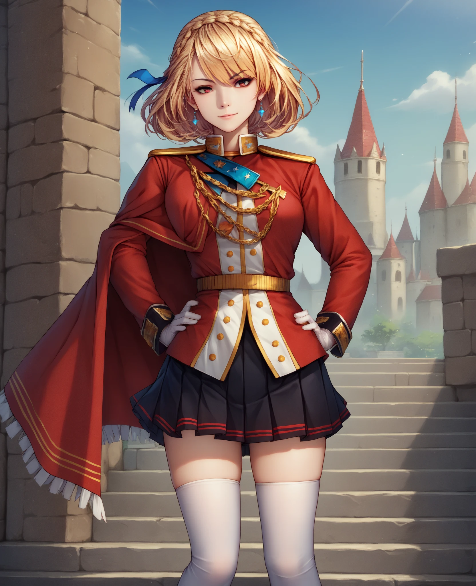 Best quality, masterpiece, highly detailed, semi realistic, 1 girl, mature female, 21 years old, golden short hair, left eye covered by hair, blue right eye emitting red flames, crown made of gemstone gold, king's clothing, red cloak, court style short skirt, golden iron boots, slim figure,7:3 bangs,Medium length hair