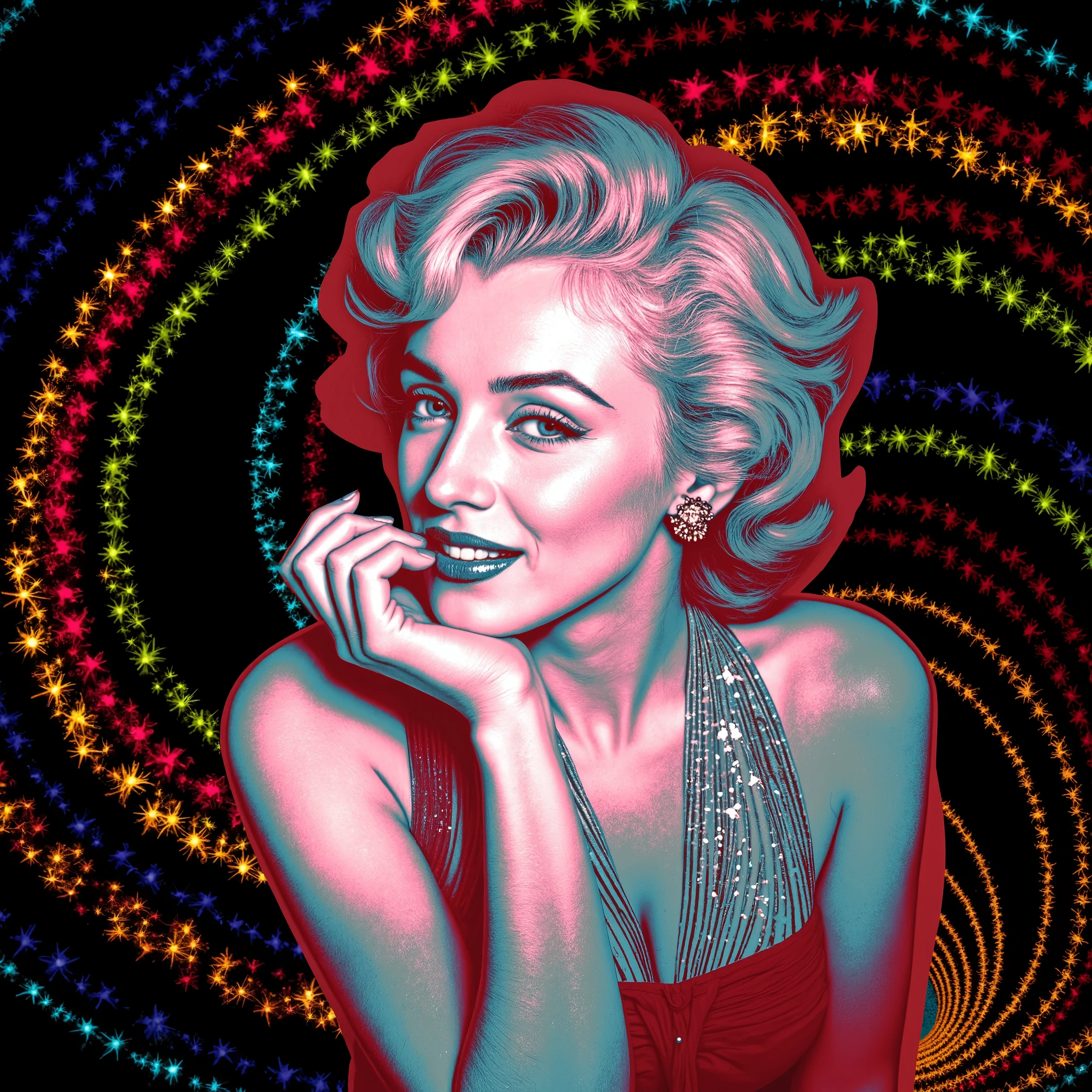 Marilyn Monroe is depicted in a stylized pop-art rendition, characterized by vivid, high-contrast colors that emphasize a sense of modernity and surrealism. Her shoulder-length wavy hair, styled meticulously, suggests a classic look reminiscent of mid-20th-century fashion. She is wearing an off-shoulder dress with a halter neck, revealing part of her upper chest and shoulders, adding a touch of elegance and allure. The entire image is set against a vibrant spiral-esque background composed of alternating concentric rings of green, blue, and red, creating a hypnotic or psychedelic effect. The lighting and shading within the image enhance the contours and volume of the subject, contributing to a sense of depth and dimensionality. The overall mood is enigmatic and artistic, drawing the viewer into a space where vintage glamor meets modern artistic expression.