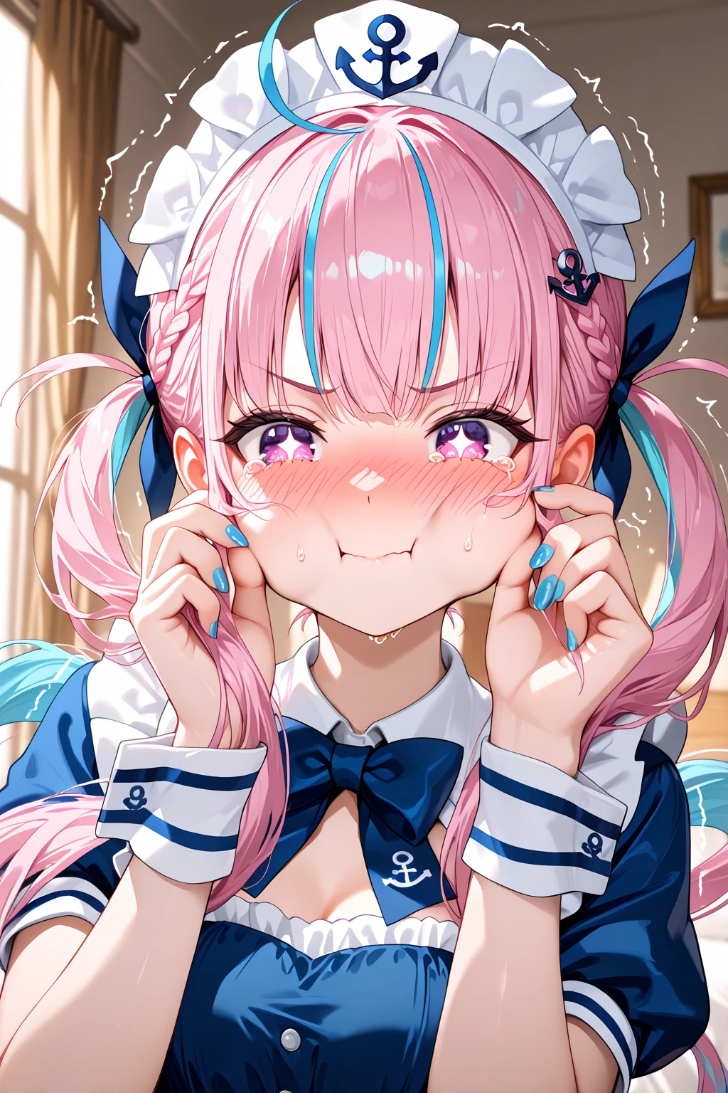 Girl with pink hair, long double-tailed hairstyle, ((small pink bushy eyebrows)), dressed in lolita clothes, marked vagina, lolicon (Zankuro) drawing style by zankuro artist, Zancro style, image uploaded to R34, sucking penis cum bubbling out her mouth , flirtatious smile, (cat smile) very close up
