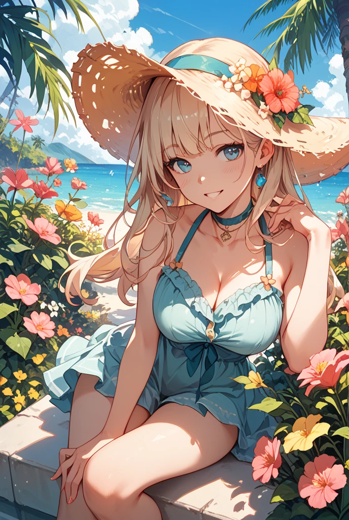 Masterpiece, Best Quality, hight resolution, kitagawa marin, Wide angle, ass pov, 1girl, blonde hair, hairlong, multi-colored hair, red eyes, Jewelry, necklace, Choker, completely naked on a public beach, The chest is visible, can be seen, People are standing around her, floral print, A bracelet, moisten with water droplets, Veiw in full growth, Standing, grin, straight-on, hands at side