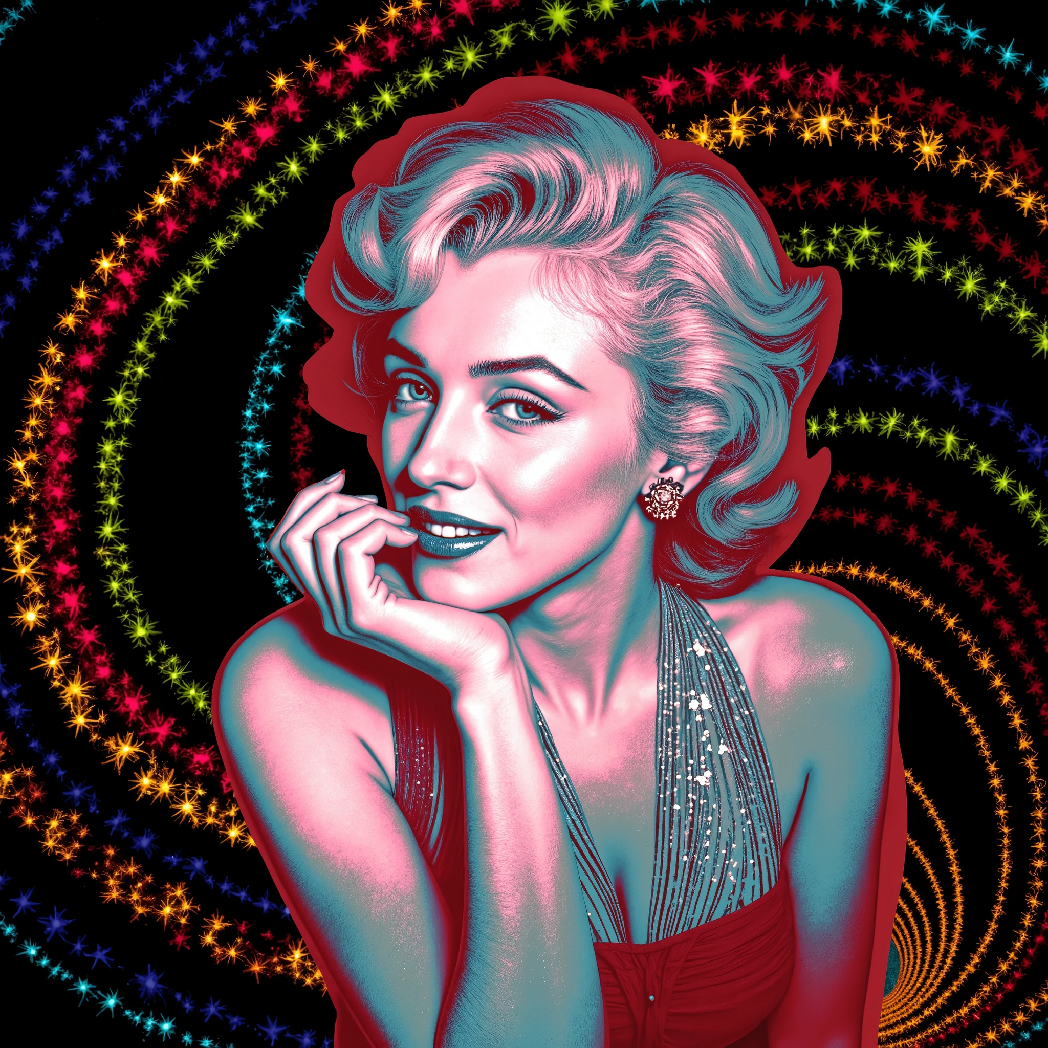 Marilyn Monroe is depicted in a stylized pop-art rendition, characterized by vivid, high-contrast colors that emphasize a sense of modernity and surrealism. Her shoulder-length wavy hair, styled meticulously, suggests a classic look reminiscent of mid-20th-century fashion. She is wearing an off-shoulder dress with a halter neck, revealing part of her upper chest and shoulders, adding a touch of elegance and allure. The entire image is set against a vibrant spiral-esque background composed of alternating concentric rings of green, blue, and red, creating a hypnotic or psychedelic effect. The lighting and shading within the image enhance the contours and volume of the subject, contributing to a sense of depth and dimensionality. The overall mood is enigmatic and artistic, drawing the viewer into a space where vintage glamor meets modern artistic expression.