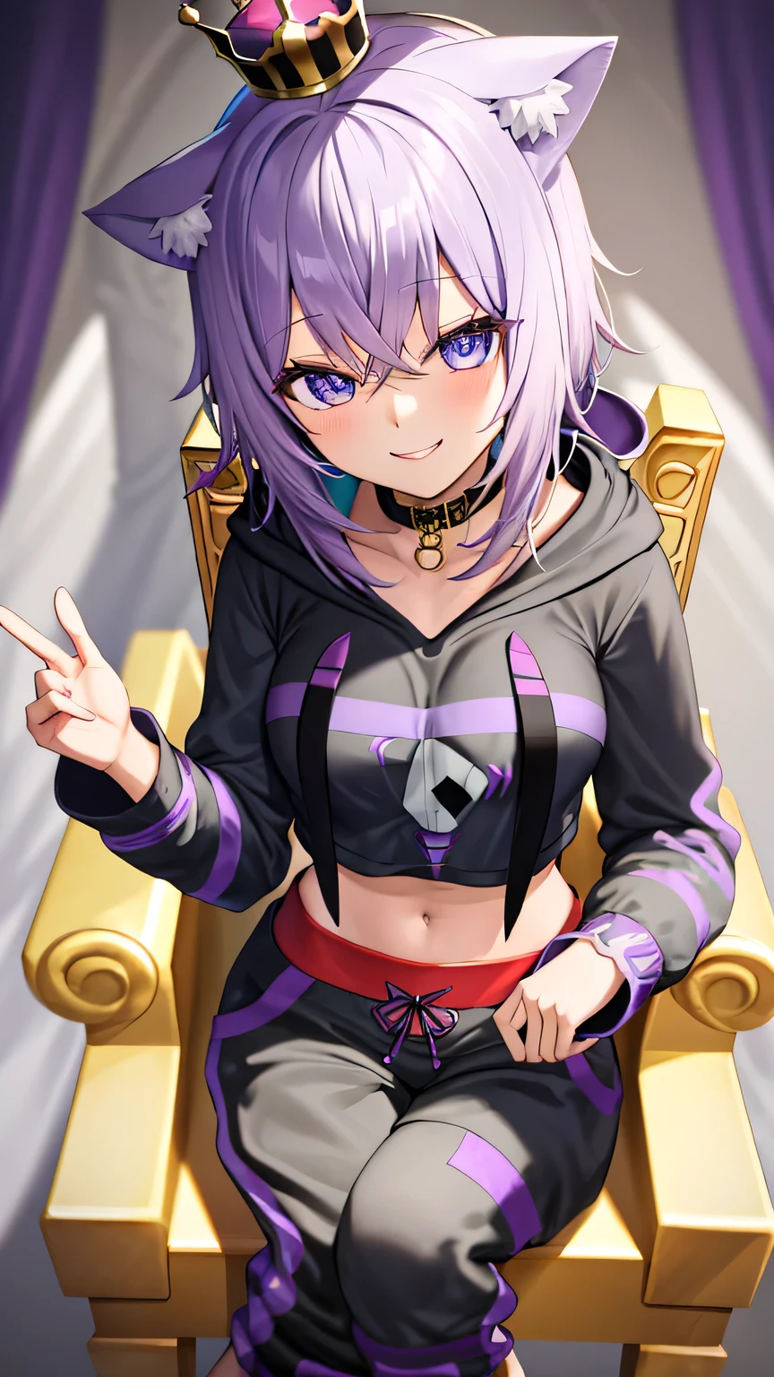 {{{masterpiece}}}, (best quality:1.5), (ultra-detailed:1.5), {illustration}, {{an extremely delicate and beautiful}}, (beautiful detailed eyes:1.6), absurdres, highres, extremely detailed face, 16k, hd, visual anime de uma jovem mulher, extremamente bonito rosto de anime, anime melhor garota, (perfect hands, perfect anatomy), (five fingers:1.1), anime face, Nekomata Okayu (Hololive Gamers), 1gril, solo, cute face, okayudefault, cat girl, short hair, purple hair, cat ears, animal ear fluff, ahoge, crossed bangs, sidelocks, (purple eyes:1.3), cat tail, medium breasts, big hips, curvaceous, BREAK, aaokayu, black hoodie,  (print hoodie(onigiri print:1.2)), short hoodie, black collar, black hood, hood down, long sleeves, black sleeves, animal collar, (white sweatpants:1.5), BREAK, (wear crown:1.3), ojou-sama pose, smile, smug face, hand on own face, (throne:1.5), sit on a throne, cross your legs, indoor, (castle:1.3), Audience Chamber, (palace:1.3)