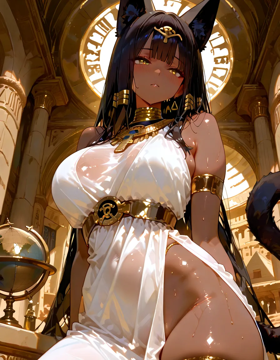 (())((sexy tall egiptian supermodel)) ((beautiful face)) (dark eyeshadows pharaoh make up) (red lipstick) ((big bright eyes)) ((very long black hair with straight bangs)) ((ebony tan skin)) ((very huge breast:1.5)) (perfect body:1.3) ((wears fantasy chains bikini thong with gold pharaoh ornaments)) ((high heel)) ((cosplay pharaoh headdress and armour)), ((gold choker, stocking, gold earrings, gold jewelry)) ((wield gold magic wand on hand))((sexy supermodel posing inside photo studio for epic camera photoshoot, fantasy decoration light of reflector over her))(high resolution, dynamic shadows)((photorealistic:1.5)) ((masterpiece:1.3)) (8k) (perfect face) (best quality) (perfect hands and eyes)