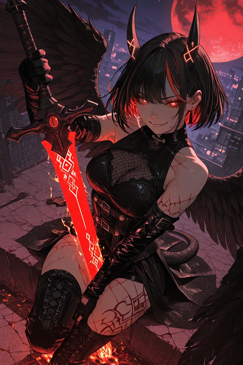Villain girl, flying sword, short, pointed hair, cool, red and white tones, 2k, fire burning in one eye.
