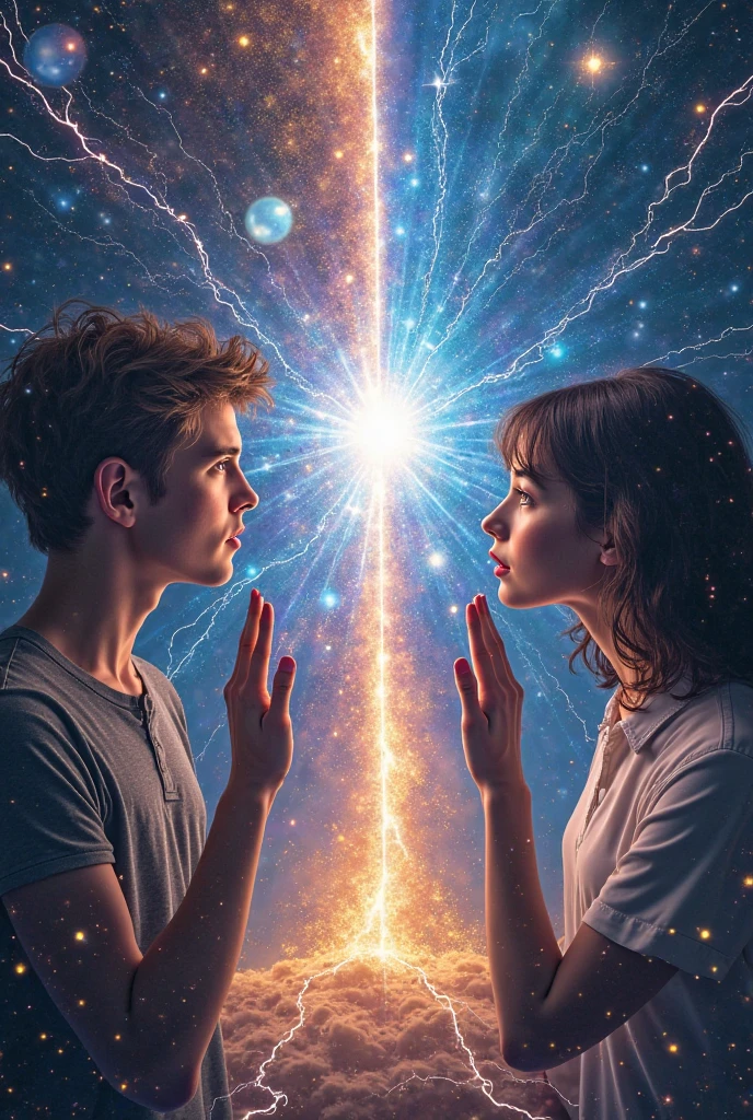 best quality, masterpiece, (realistic:1.2), sunshine, couple, (electricity in hands:1.4)