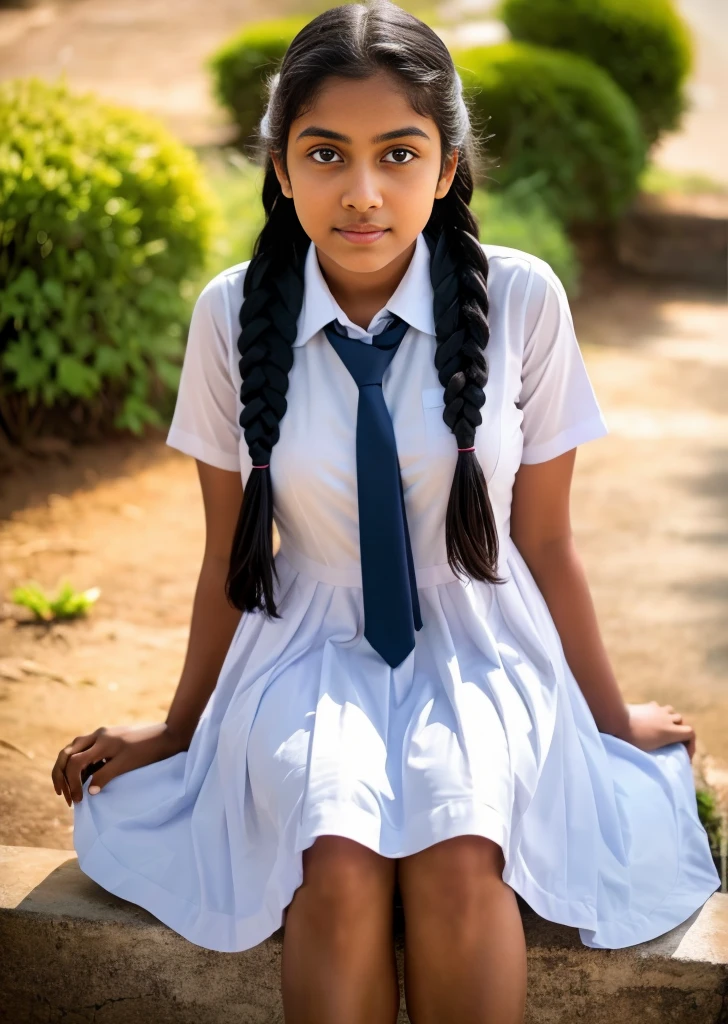 Raw photo , 1 girl  ,Wearing white frock and color tie, white shoes ,sri lanka teen school girl, with plait, big breasts, sitting on the ground and spreading legs  , professional photographer, (hdr:1.4), masterpiece, ultra-realistic 8k, perfect artwork, intrincate details, cute face, award winning photograph, (Best quality, 8k, 32k, Masterpiece, UHD:1.3) ,