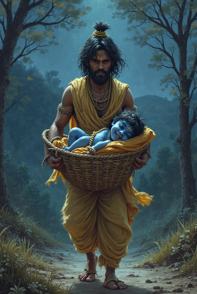 Little baby krishna born in a basket the basket out on the head of vashu dev