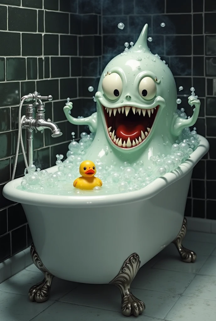 Jayne Mansfield, age 25, dressed in a bath towel, is fleeing from her bathroom which is filling with translucent slime, movie monster C'Thulu and other eldritch tentacled beasts, flesh hungry monsters, damsel in distress
