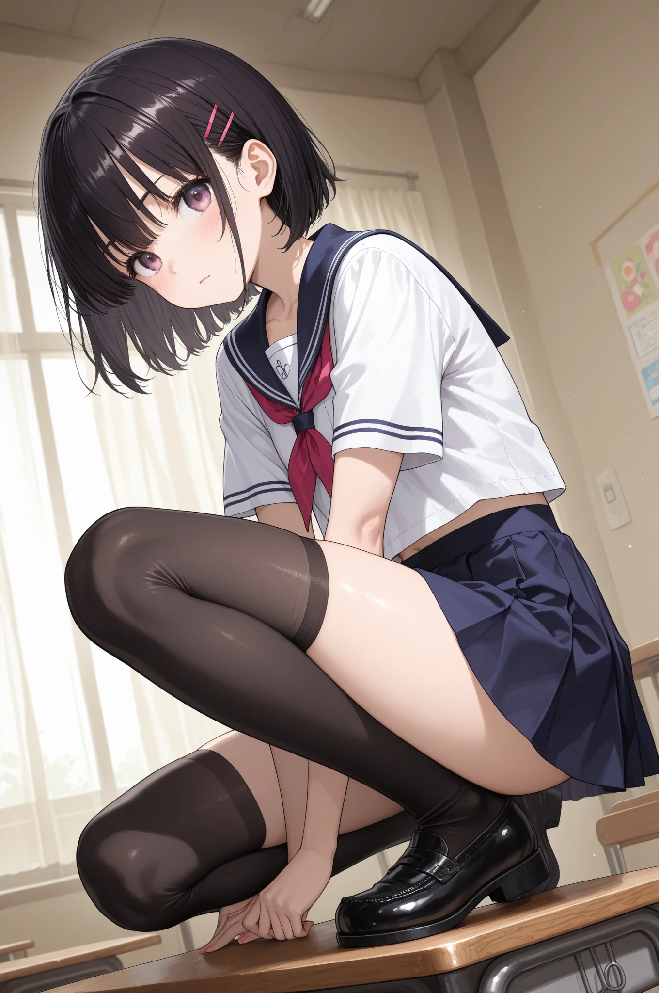 masterpiece, best quality, highres, aautaha, long hair, black hair, hairband, show panties, lift skirt:1.3, view from below:1.5, sailor collar, sweater vest, blue sweater, white shirt, short sleeves, pleated skirt, blue skirt, (black pantyhose:1.2), bathroom,