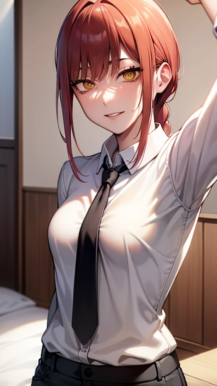 Makima, Makima, Long hair, malicious  Bangs, (Small breasts:1.2), (Yellow eyes:1.2), braid, Red hair, braided ponytails, Ringed Eyes, BREAK  shirt, Long sleeves,  White shirt desabotoado , black  bra , neck tie, Collared shirt, thong pantie , garterbelt ,  Suit, black necktie, shirt tucked in, Break indoors, BREAK looking at viewer, BREAK (masutepiece:1.2), Best Quality, High resolution, Unity 8k wallpaper, (Illustration:0.8), (Beautiful detailed eyes:1.6), extra detailed face, Perfect Lighting, (Perfect hands, Perfect Anatomy), sexy 