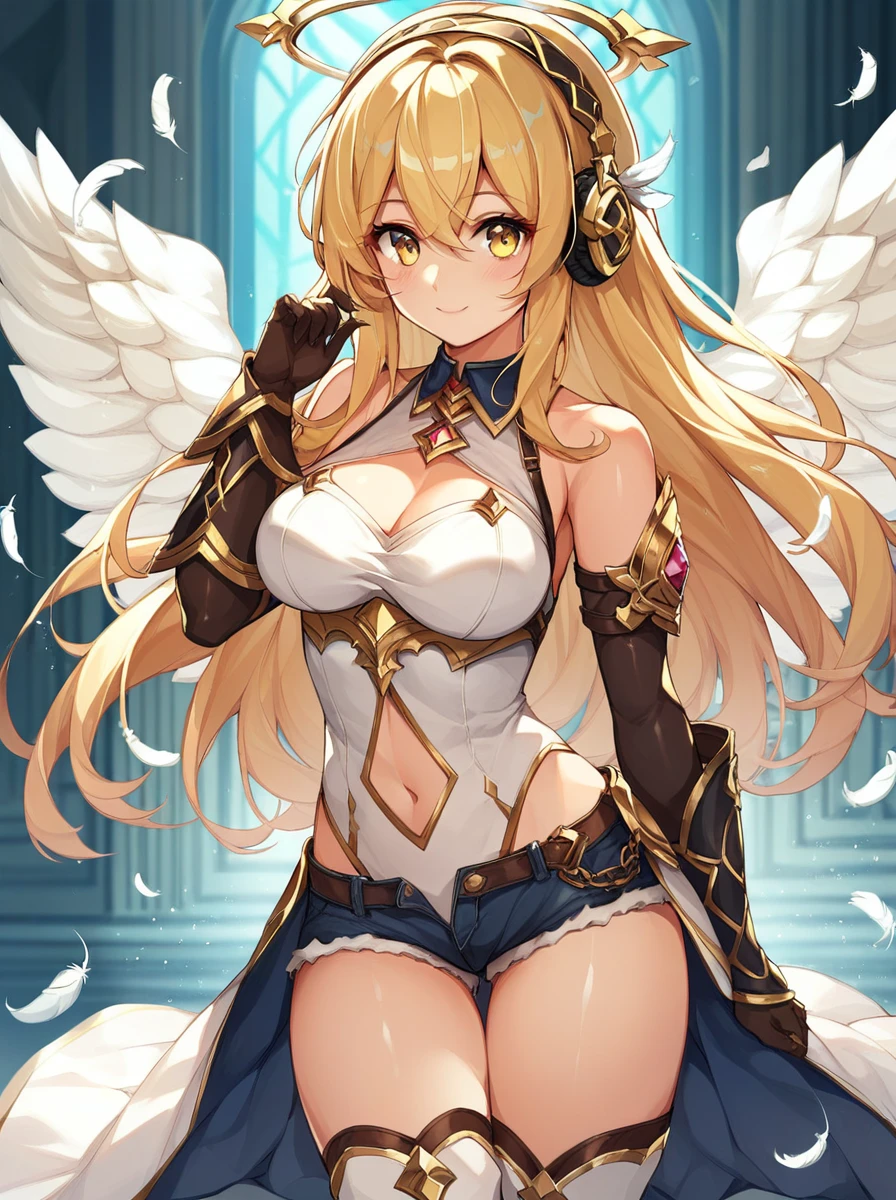 masterpiece, best quality, solo, 1girl, blonde-hair, wings, thighhighs, (very-long-hair), smile, wide-sleeves, navel, hair-ornament, blush, looking-at-viewer, detached-sleeves, open-mouth, frills, outstretched-arms, black-thighhighs, dress, oragen-eyes, half-closed-eyes, long-sleeves, bangs, breasts, center-opening, standing, angel-wings, white-wings, garter-straps, flower, parted-lips, bare-shoulders, navel-cutout

