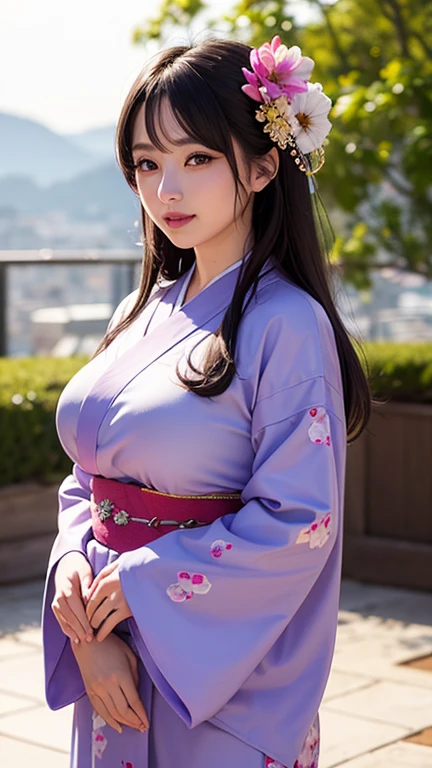 a beautiful japanese woman, 1girl, large breasts, kimono, obi sash, purple, black hair, hair ornament, mini skirt, blue eyes, bangs, long hair, slender, (best quality,4k,8k,highres,masterpiece:1.2),ultra-detailed,(realistic,photorealistic,photo-realistic:1.37),intricate details,elegant,cinematic lighting,dramatic shadows,vibrant colors,detailed facial features,graceful pose