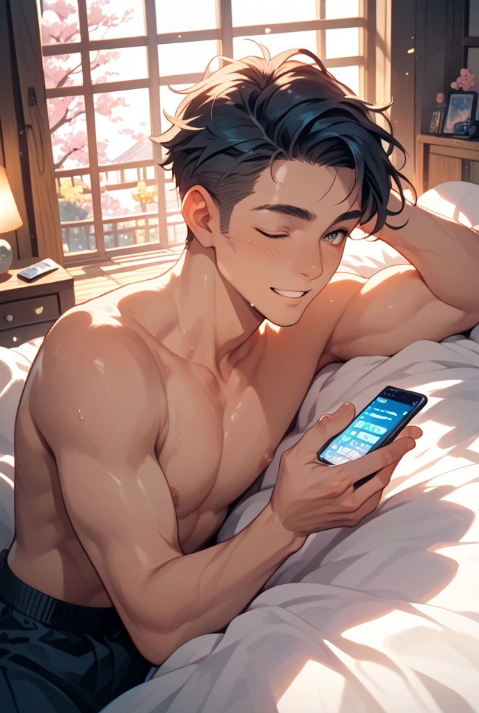 A boy talking to his girlfriend on a phone call in his room sitting on his bed and the whether is looking good he is smiling 