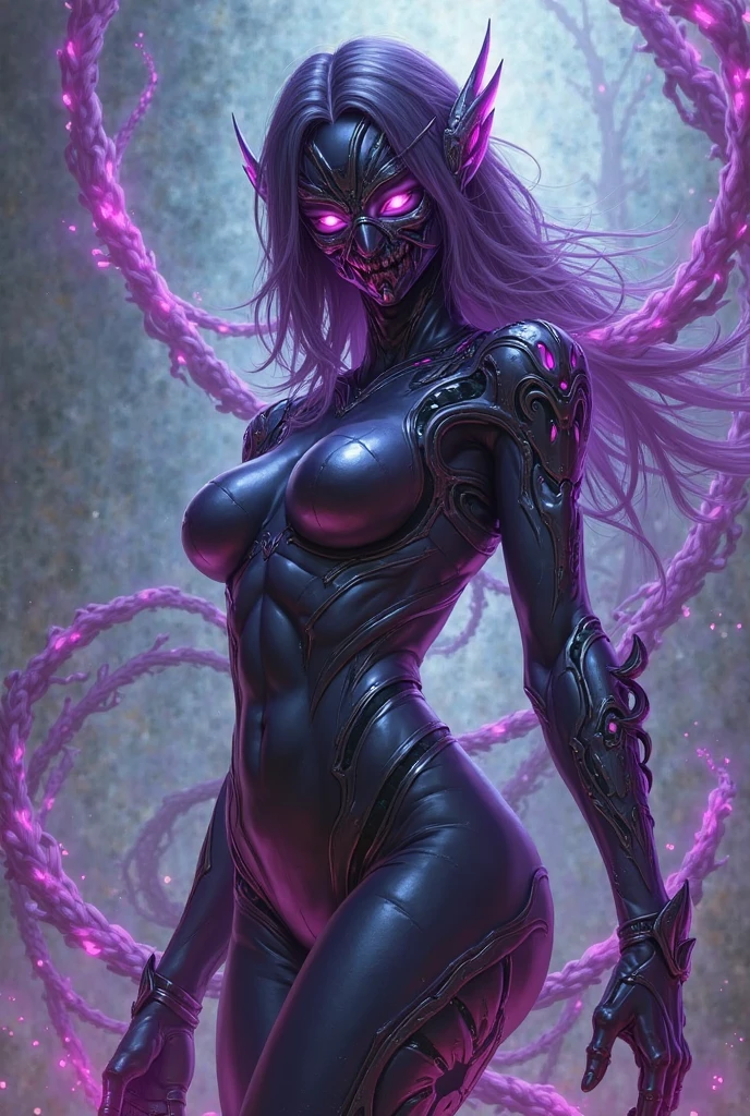sehele style, anime style, (((tiefling))) warlock with (((dark purple skin:1.8))) and (((black sclera))), Her (((horns curve elegantly backwards))), 8k, 4k, Unreal Engine 5, octane render, trending on pixiv, fanbox, skeb, masterpiece, ((slendered abs )),(huge breasts:1.4), (full bodied), wide hips, (full lips:1.5), smooth soft skin, big dreamy eyes, beautiful intricate colored hair, anime wide eyes, soft lighting, concept art, digital painting,