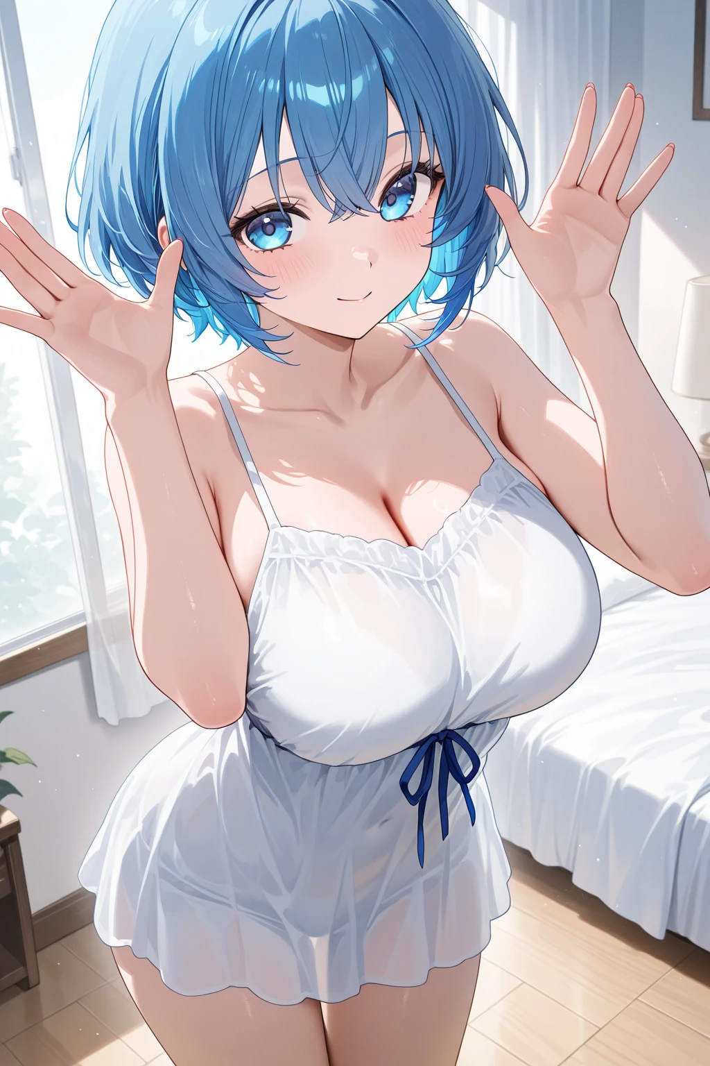 (masterpiece:1.2), hyper detail, best quality, (intricate_details:1.1), beautiful detailed, beautiful hair,short cut hair,1girl,Rem,(sweating:1.2),(steam:1.3),heavy breathing,steam,blush,shoulder,((white camisole)),cleavage,dark,backlighting, shoulder focus,breasts focus,greasy breasts,breasts focus, shoulder focus,lying on bed,BREAK (hand job,reverse cowgirl position:1.4),POV,open mouth,(grab medium penis:1.2),cum