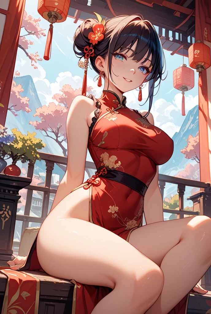 (Unity 16k Wallpaper, Masterpiece, Best Quality, Ultra-Detailed, Extremely Detailed CG, Caustics, Cinematic Lighting, Detailed, Beautiful Detailed Eyes, NSFW:2.0, 1girl, Curby), Ultra High Resolution, fine skin, (cute: 1.2), (15-year-old girl), ((chinese clothes: 1.2)), ((fine background writing, saturated, strong light, sexy chinese clothes, sexy pose, raise one leg)), smile,