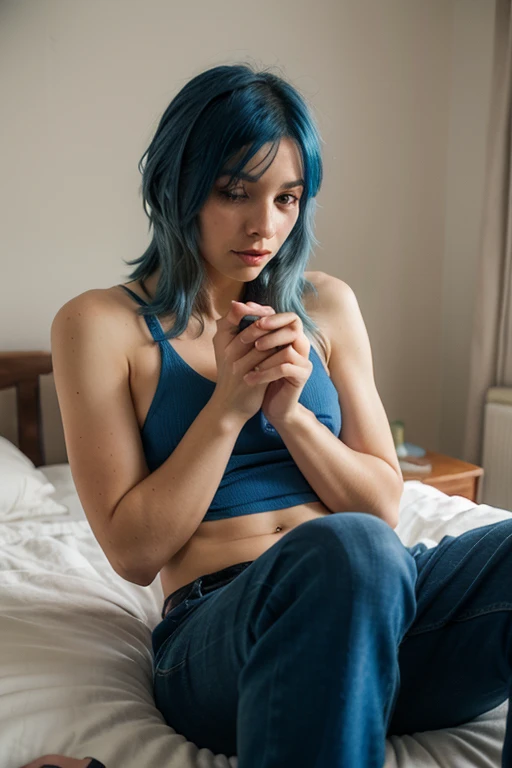 <lora:aratama_v2:0.9>, aratama, 1girl, solo, purple hair, realistic photo of a woman, grey tanktop, surprised expression, headshot, low angle, diagonal view