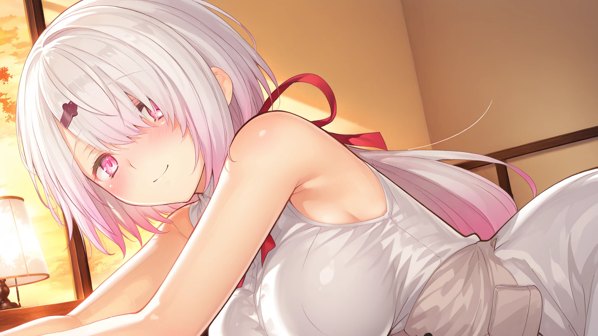Beautiful illustration, best quality, cute girl, bedroom, pastel colors, furry fox ears, , silver long hair, bright lights, Pale pink eyes,swimsuit