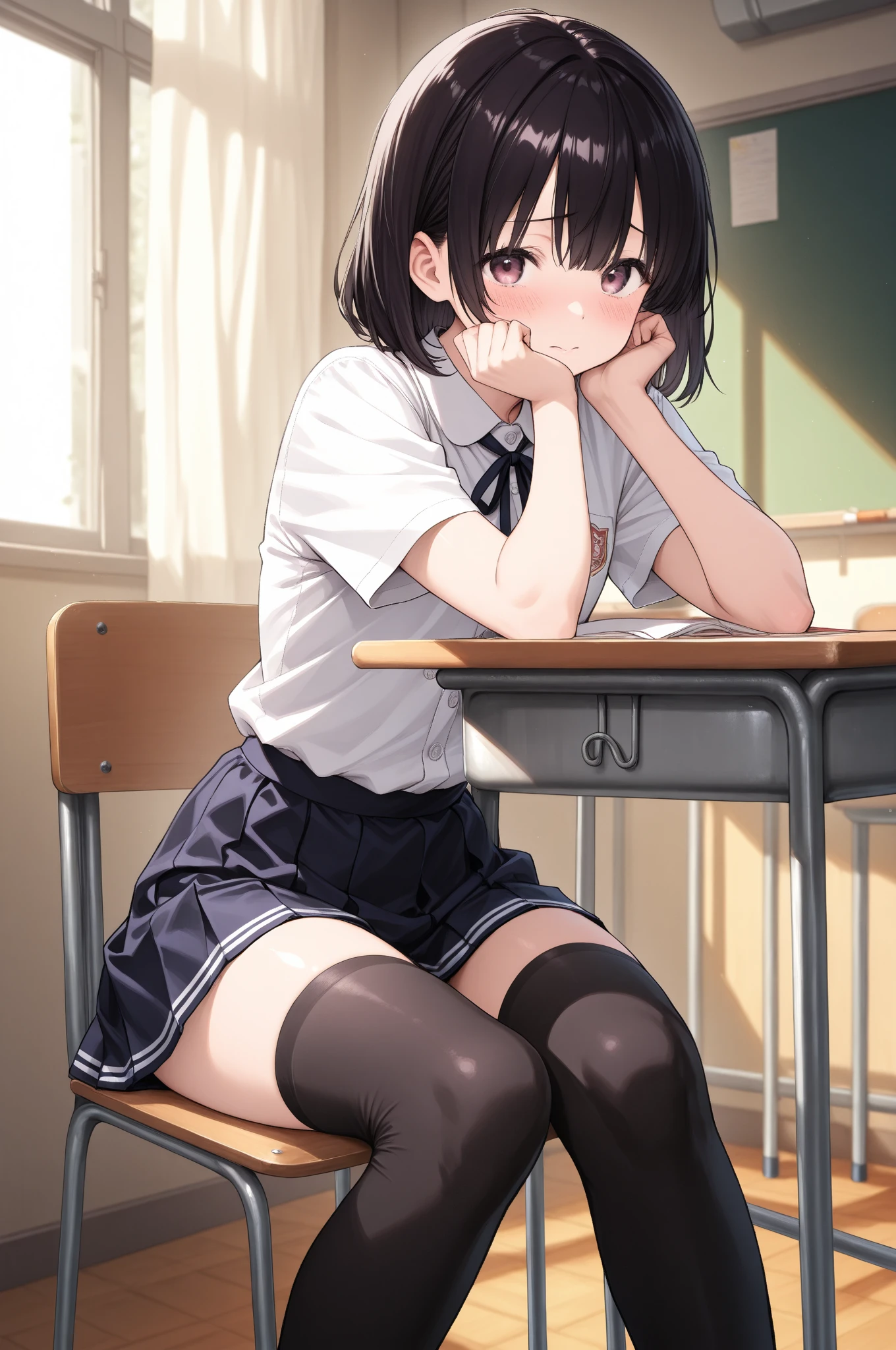 rating:safe, book, necktie, 1girl, striped necktie, desk, black hair, skirt, holding book, shoes, sweater vest, school uniform, sitting on desk, short hair, solo, sitting, kneehighs, striped, on desk, book stack, looking at viewer, indoors, long sleeves, smile, loafers, black legwear , blush, bangs, classroom, pleated skirt, school desk, holding, shirt, open book, black eyes, school chair, closed mouth, diagonal stripes, notebook, window, Hypermuscle, huge muscles 