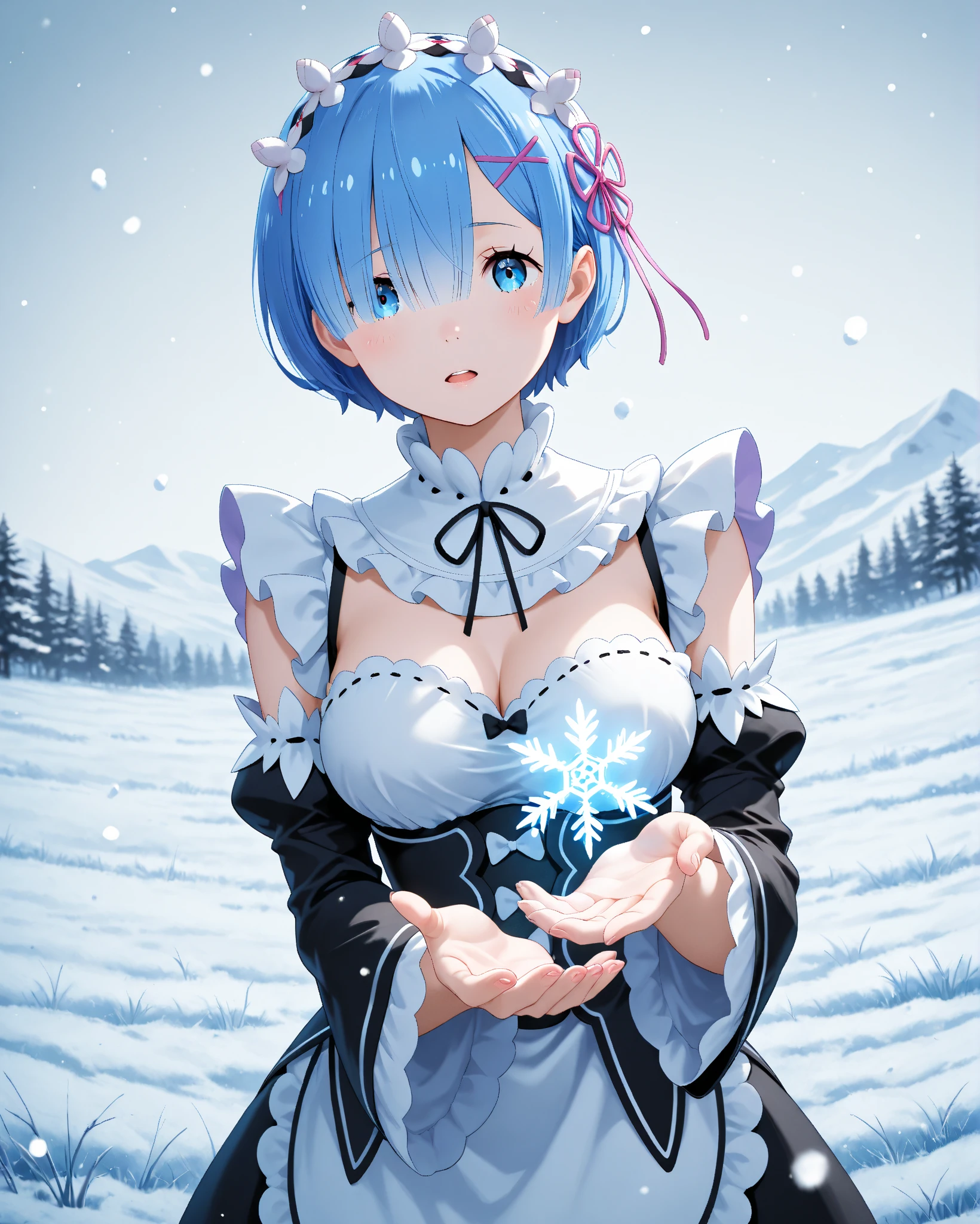 (blue theme),(Rem, Re Zero, big breasts,short hair, blue hair),(cute face),(cute), belly button, delicate details, cute details, smile,(blue clothes)(blue theme), golden_ratio_composition, (post impressionism)snowflake pattern style, snowflake art, ice moon background, dendritic six-branched snowflake, Snowflakes entangled in the outline border of the ice moon, Depth of bounds written, Fancy and fantastic atmosphere, sitting.
(masterpiece, highest quality, super detailed, realistic), 1 girl,