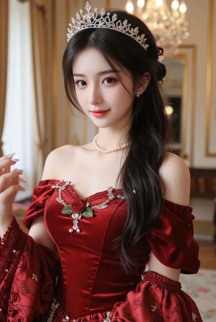1 young empress wearing a red lace top, Deep neck nightgown, chinese style clothing, Ancient clothing with numerous phoenix designs, Perfect white and pink face, A crown on her head, Black hair, waist length, Very beautiful and piercing brown eyes, Little red lips, Painted lips, Cute Smile, Jewelry around the neck, Earrings, White and uniform teeth, High nose, Big round breasts, Long legs, Thin mesh black socks, Portraiture, Most realistic, highest quality, Best Pixels, 8K Ultra,