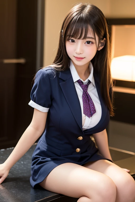 Best Quality, hotels room、Angle from above、Scenery taken from the sky、on the beds、(laying on back、Laid down、lying on one's side),(open one's legs、Put your hands on your head),japanaese girl, 8K, Raw photo, top-notch quality, 1 beautiful Japanese girl, 18 years old,Japanese Idol, gals、poneyTail、Tempting smile、Fluttering chest、tits out、Cleavage of、Emphasize、Overflow from uniform、Large breasts, (School uniform)