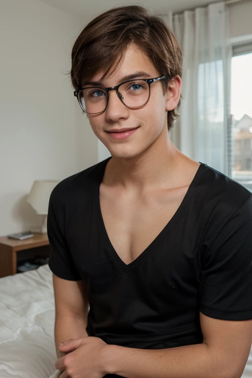 A naked fourteen year old boy, muy hermoso, piel blanca, rasgos finos, light brown eyes, light brown hair, small slanted eyes, mirada seria, mirada triste, desvestido, en la sala de estar, gafas discretas, desnudo, cuerpo completo
