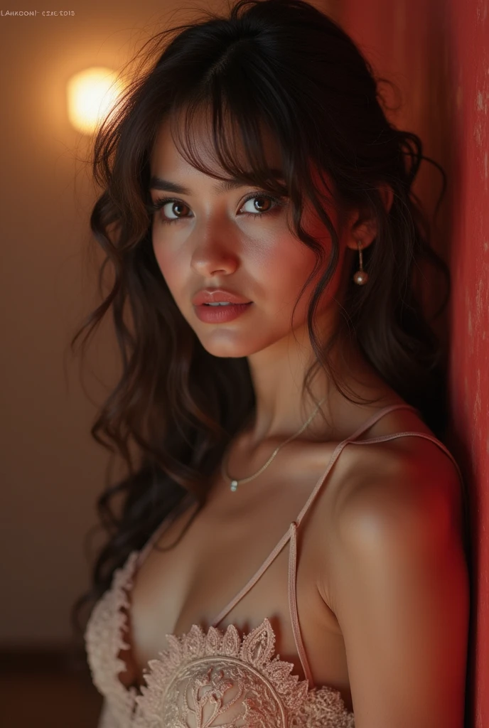 (best quality,4k,8k,highres,masterpiece:1.2),ultra-detailed,(realistic,photorealistic,photo-realistic:1.37), HDR,UHD,studio lighting,sharp focus,physically-based rendering,extreme detail description,professional,vivid colors,bokeh, portraits, dynamic posing, luxurious outdoor balcony, overlooking the cityscape, afternoon time, Slender, Light brown hair, small breasts, wearing a very loose night gown, Earrings, (((Trendy hairstyles)))