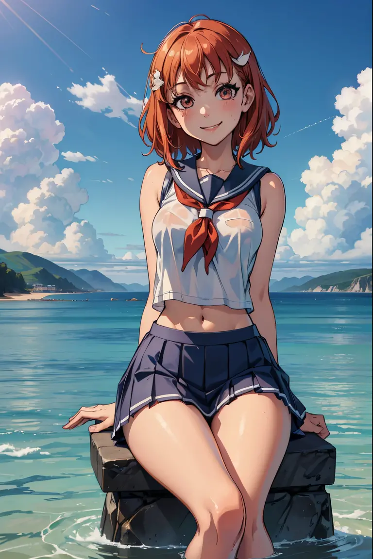 ((masterpiece)),(Highest quality),Official Art,Highly detailed CG,unity 8k wallpaper,Super detailed,Lighthouse on top of a cliff by the sea,One girl,一人w,Cowboy Shot,brown_hair,Dark Skw,Sunburn,School_Swimwear,brown_eye,smile,one piece_Swimwear,Swimwear_Down_Clothes,Sailor_collar,short_hair,Lookwg_w_Audience,blush,School_uniform,short_ponytail,