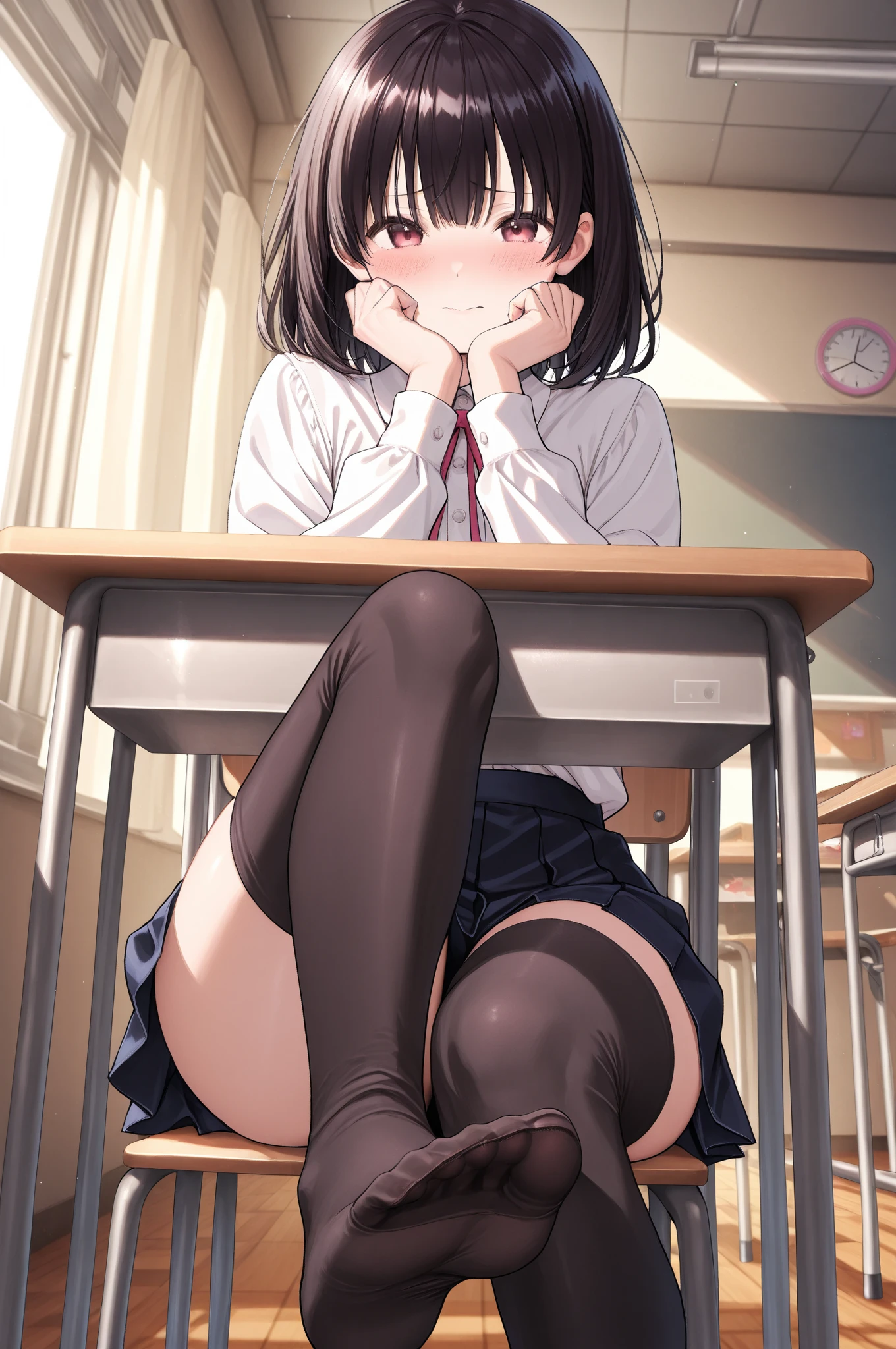 Mature Japanese high school girl, alone, Thin legs, Full body from head to toe, Sitting, M-shaped legs, Small breasts, (Black Pantyhose): 1.2), white panties visible through stockings, Very beautiful 17 year old girl, no shoes, Shy big eyes, (Short brown hairy area), (bangs), Messy Hair, (Hair Clip), Pale blush, alone, View your viewers , show white panties, Show your underwear, panties, Spread your legs, High  Blazer, High school uniform white blouse, High  blue ribbon, High plaid and navy blue pleated skirt