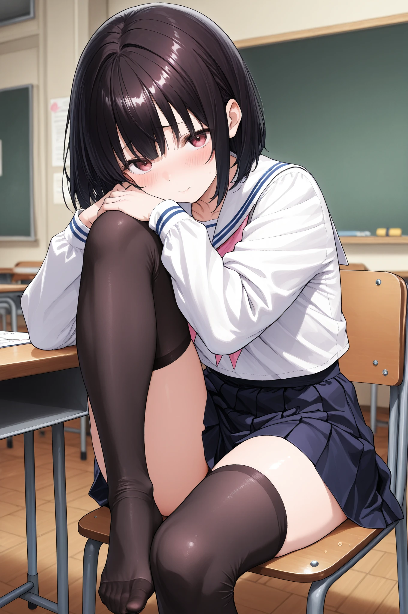 1girl in、Front-facing、Composition from below、crouching down、Panchira、Full body portrait、brown haired、Shorthair、Medium haircut、red blush、Absolute Area、Black knee socks、Black knee high、Black stockings、Black pantyhose、Black Lace Pantyhose、White underwear、white  panties、White pleated skirt、student clothes、Japan High School Student Uniform、summer clothing、Bedrooms、inside the house、during daytime、（small tits）、((full bodyesbian))、​masterpiece、（top-quality）