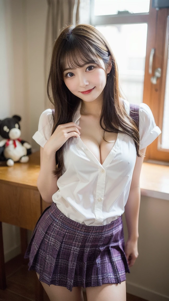 (One Girl), Brown Hair,Exposed panties (Very detailed美しい顔), (School uniform 1.0),(School classroom)Great face and eyes, (expensiveest quality、Great cleavage:1.4), (Very detailed),On the bed、 (Very detailed CG 統合 8k 壁紙), Very detailed, I can see your nipples,High-quality RAW color photos, Professional photography, Realistic portraits, Great face and eyes and slightly fleshy texpensives, (expensive ,Checked mini skirt:1.3), ((胸元が開いたexpensive school uniform)),please put your hand on your chest, Modeled, Laugh shyly, Sitting, (Spread your legs), (((Bokeh))), Written boundary depth, Written boundary depth, Twilight,A smile full of happiness、Excited expression、yawn、I breathe、looks happy