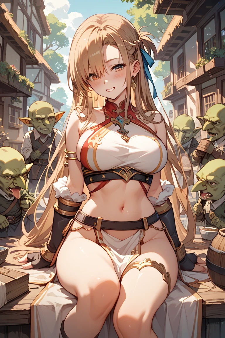 masterpiece, goblinriding, a goblin is riding a girl, goblin, mutiple goblins, goblins, (((all fours))), 1 Girl, (armor:1.1), (nose hook), reins, Collar, chain, rope, obey, smile, happy tranny, IRON BLOOD, hair ornaments, long hair, White hair, hair ribbon, yellow eyes, Gaia, girls on the front line, Huge breasts, Low twin tails, inexpressive, emotionless, empty eyes, empty eyes, mind control, Paizuras, fellatio