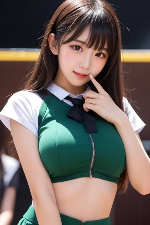 Highly detailed CG unity 8k wallpaper, of the highest quality, Super detailed, masutepiece, Realistic, photographrealistic, extremely detailed cute girl, 25yo, cleavage , (perspired) , Round eyes, peeping at the viewer, Blush, Smile, parted lip, Semi-body shot , Realistic、track suit、Realistic reproduction with vests , Panties , Squat, sports gym