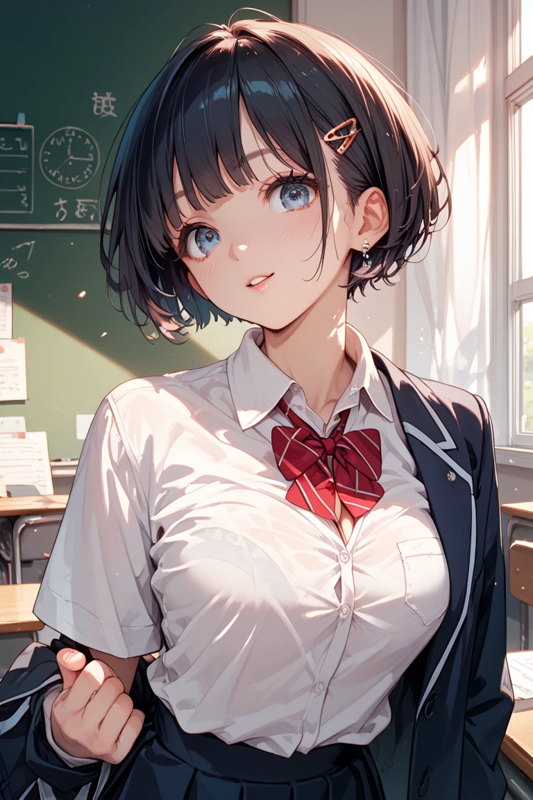 Dynamic posing, dynamic angle, Arrange pose,Top quality work,(short black hair),(blue eyes), Rose cheeks, Pretty Face, A perfectly proportioned face, school shirt with red bow and black skirt, (school uniform),  white stockings，in classroom， amazing, Large round chest、Beautiful eye details、Beautiful eyelashes、beautiful double eyelid,  with blush cheeks, talking to viewer, multiple faces with different expressions