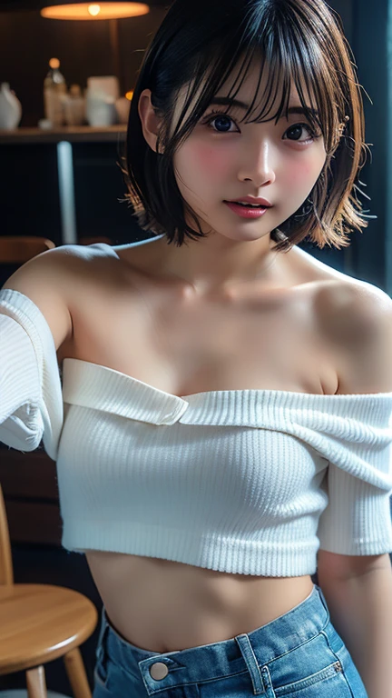 (8k, highest quality, masterpiece:1.2), (Realistic, photo-Realistic:1.37), Very detailed, 1 girl, Japanese girl, 18-year-old, cute, alone, Beautifully detailed skies, Detailed Cafe, night, Sitting, Date, (Red nose), (smile:1.15), (Mouth closed) Very large breasts, Beautiful fine details, T-Shirts, (shirt,COVERED NIPPLES:1.4), night, Wet, mini skirt, rain, (short hair:1.2), Floating Hair NovaFrogStyle, shirt is exposed, The chest is emphasized, The cleavage is visible, Sensual facial expression, No underwear, Not wearing a bra, Nipples showing through shirt, The shirt is transparent and the nipples are visible, Wet