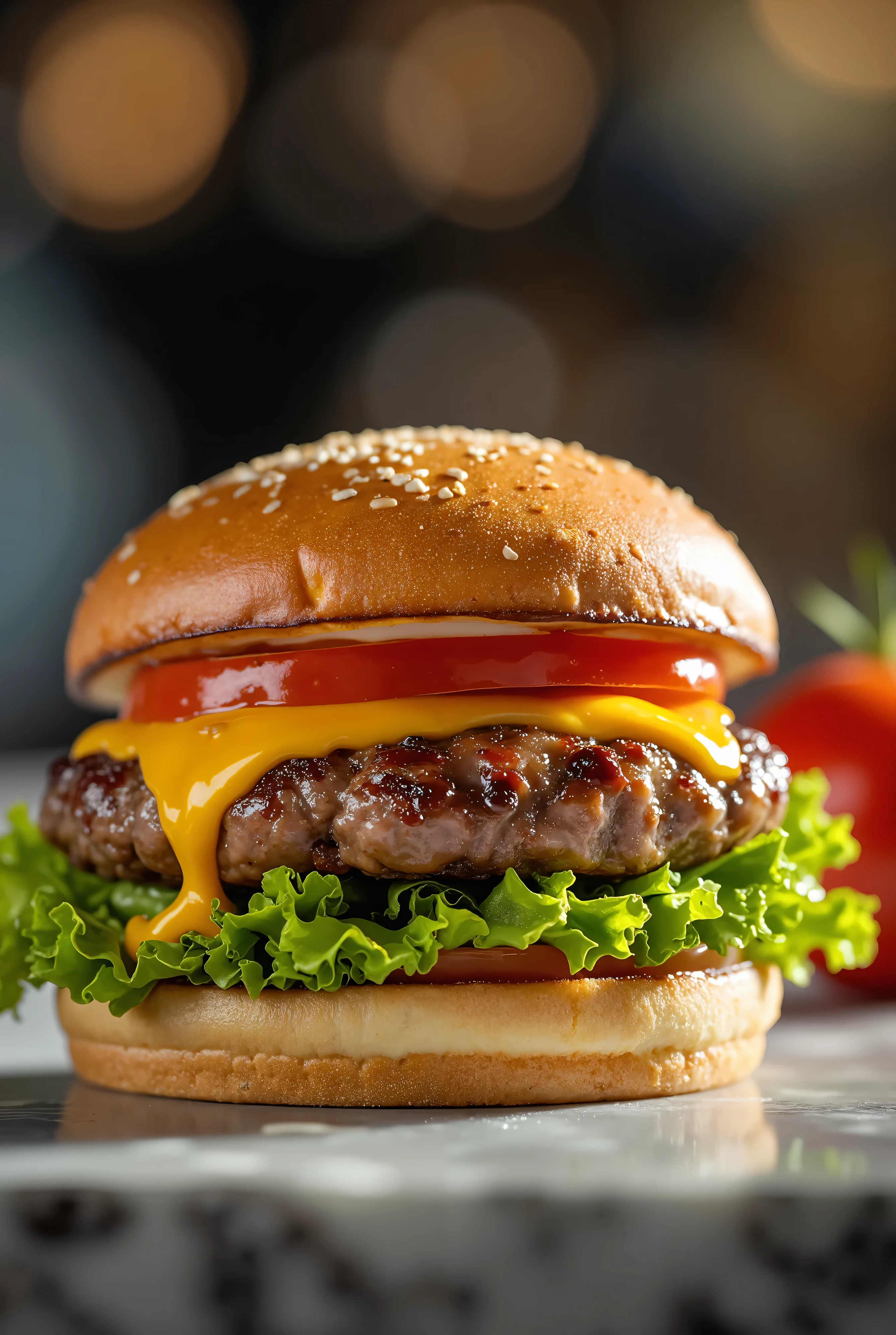 A professional photography with a bun burger, lettuce, 1 meat, cheddar cheese, tomato, on a table, Tasty burger, professional photography, 8k, advertisement style composition, TV commercial style