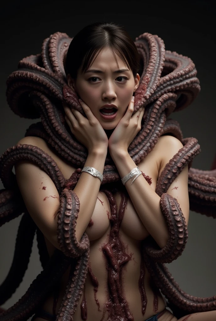 A portrait of nude woman is strangled with giant tentacles monster in the old house.
