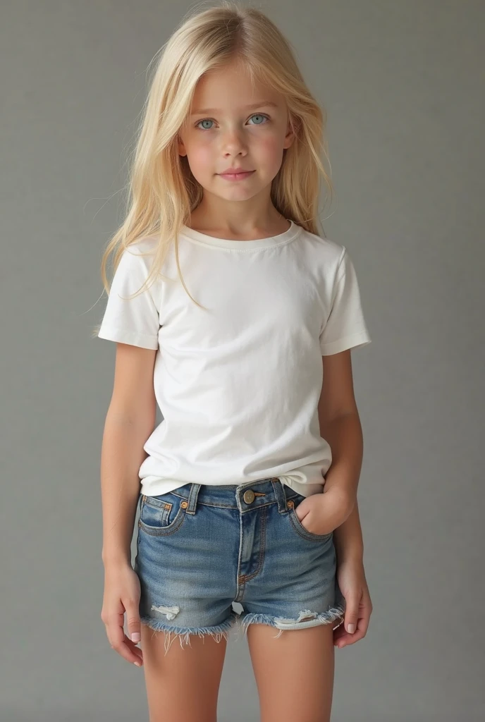 Raise a 10-year-old blonde white child with blue eyes, Silver hair up to the waist, top e shorts curtos princesa das trevas