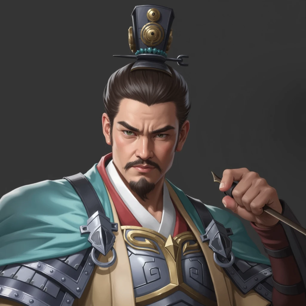 alone、Oriental、Ancient Chinese man in black costume、Holding a feather fan、Highest quality、masterpiece、Ultra-high resolution、(Realistic:1.4)、Game Poster、Crisp and beautiful image quality、Bearded Man,Ancient Chinese hairstyle with a large plain white beret loosely covering the head like a turban、（Handle Feather Fan)、（Wooden handle）、（It is made of many black feathers）