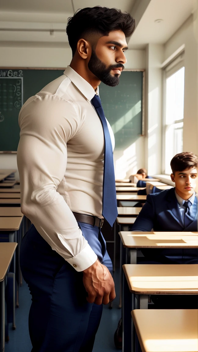 a hot  man, full body, muscle body, shortly blonde hair, 25 years, with a big large and  , , hairy, in an class room, extremely detailed face, hyper detailed, realistic, photorealistic, 8k, high quality, studio lighting, detailed male body