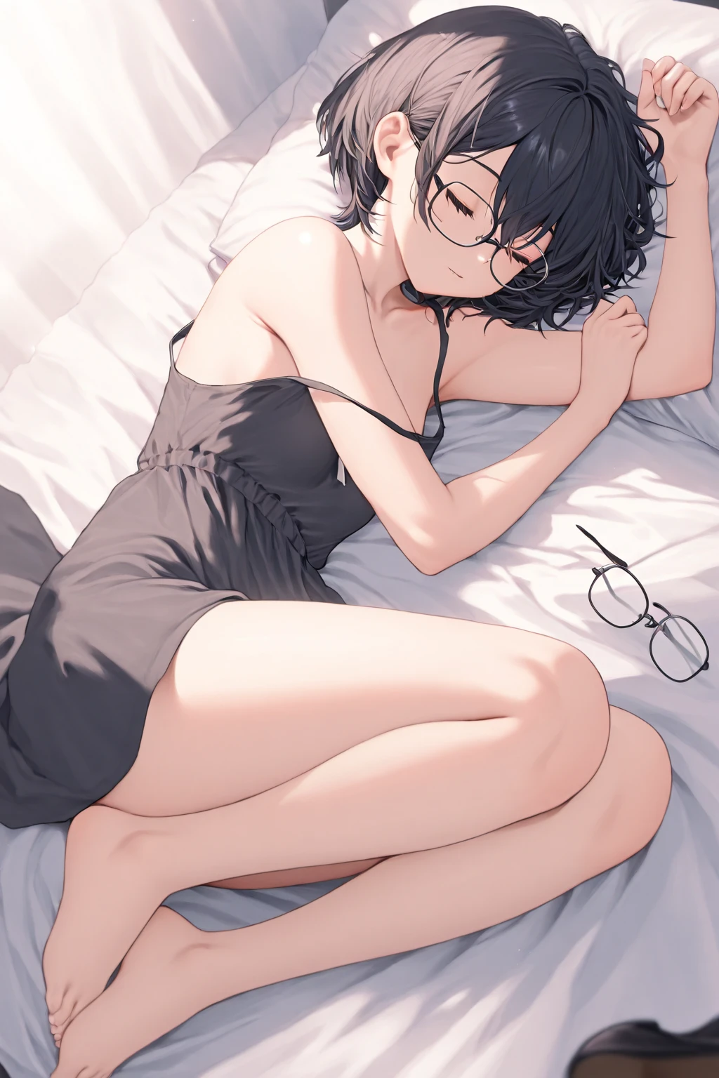 Han Hyo Joo, masturbation, wear glasses, black panties, wet, in the bed, open legs.